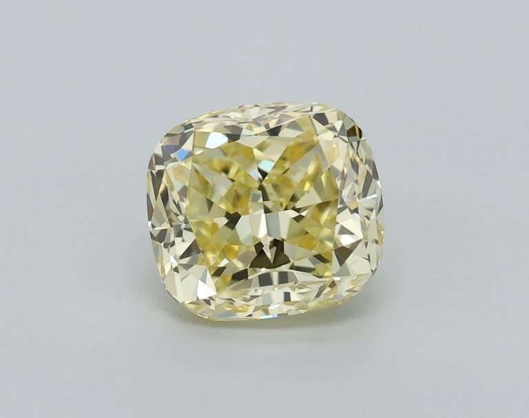 0.86 carat, Colour – Y4  Fancy Yellow, Clarity – SI1, Shape – Modified Cushion,  BDM