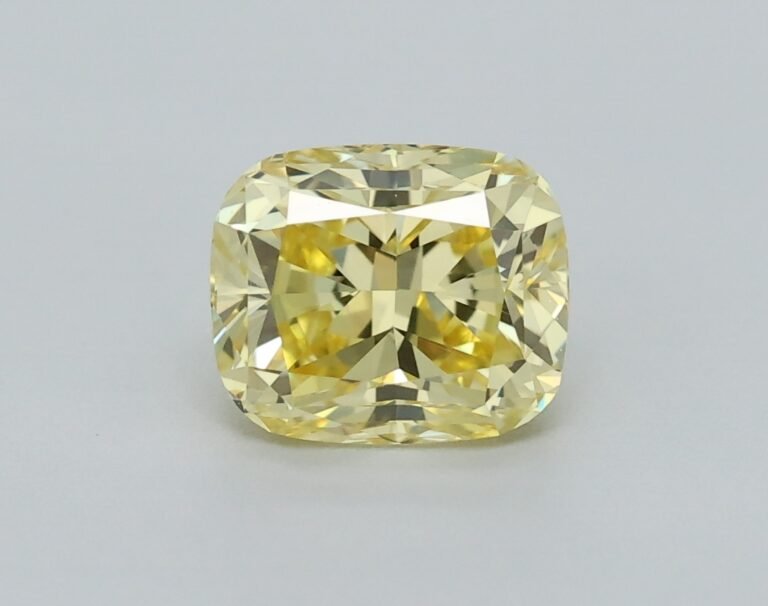 0.45 carat, Colour – Y5  Fancy Intense Yellow, Clarity – VVS1, Shape – Modified Cushion,  BDM