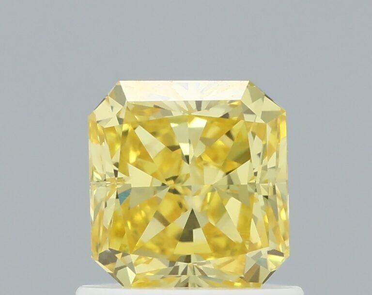 0.88 carat, Colour – Y7  Fancy Vivid Yellow, Clarity – P1, Shape – Radiant,  BDM