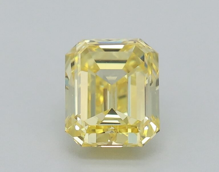 0.42 carat, Colour – Y6  Fancy Intense Yellow, Clarity – VS1, Shape – Rectangular Emerald,  BDM